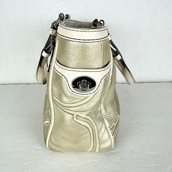Coach Gallery Outline Metallic Leather Tote Purse Champagne Gold Signature Logo - Picture 4 of 10